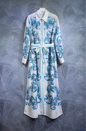 2024 Spring Floral Print Belted Buttons Dress White Long Sleeve Lapel Neck Long Maxi Casual Dresses A3J121438