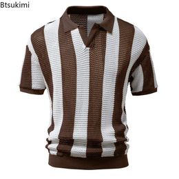 Mens Summer Hollow Out Polo Shirts Short Sleeve Knitted Comfort Breathable Lapel See Through Sexy TShirts for Men 240117