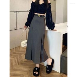 Skirts S-3xl Straight Long Irregular Pleated Suit Skirt Women Autumn Korean High Waist Black Midi Female Gray Preppy Streetwear