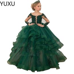 2122 Green Flower Girl Dresses For Wedding Spaghetti Lace Floral Appliques Tiered Skirts Girls Pageant Dress Kids Birthday Party G276H