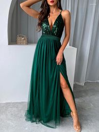 Casual Dresses Sequins Deep V-neck Dress Women Mesh Backless Strap Maxi Female Elegant Long Bodycon Ladies Party Dresse Summer