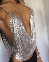 Whole Sexy Deep V Neck Short Sequined Metal Tank Bra Straps Loose Tank Tops Sexy Sleeveless Night Club Tanks Silver Black Gol4259983