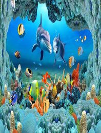 wallpaper for walls 3D Sea World Underwater Caves Dolphin Fish Flooring Bricks bathroom wallpaper9863496