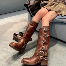 Women's Boots Trend Platform Combat Boots Heel Buckle Vintage Fashion Casual Luxury Western Mid Calf Woman Boots 240116