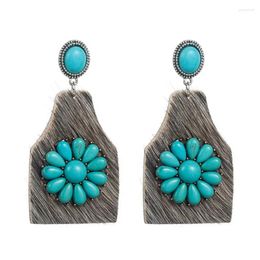 Dangle Earrings Handmade Turquoise Floral Art Deco Genuine Leather Cow Tag For Women Western Cowgirl Jewelry Vintage Wholesale