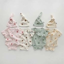 Sets 2023 Summer New Baby Short Sleeve Bodysuit + Hat Cute Animal Print Newborn Infant Clothes Toddler Boy Bear Jumpsuit Girls Bunny H240508