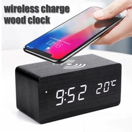 Wooden Digital Alarm Clock with Wireless Charging LED Display Thermometer Humidity Clock for Office Desk Small Bedside Clock 240116