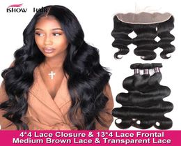 Ishow Brazilian Virgin Human Hair Bundles with Transparent Lace Frontal Closure Body Wave Malaysian Peruvian for Women All Ages 874251474