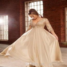 Elegant 3 4 Long Sleeve Lace Prom Dresses Champagne Chiffon A-Line Party Dresses Beads Crystal Empire evening gowns Lady Evening W243S