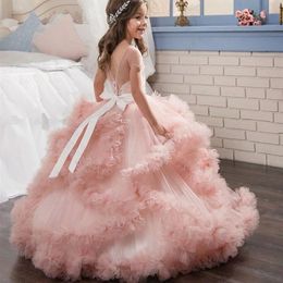 pink blue Girls Pageant Dresses Layer Champagne Ruffles Cute Flower Girl Dresses Spaghetti Strap Toddler Prom Dress Lace Ball Gown279b
