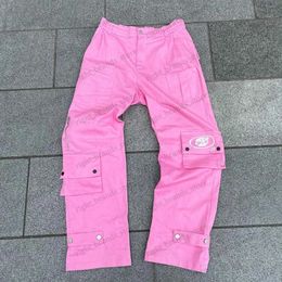 Men's Pants Harajuku Streetwear Multiple Pockets Wide Leg Straight Trousers Women Loose Jeans Y2K Black Retro Letter Printing Cargo Pants T240117