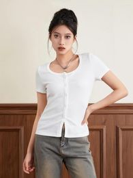 Women's T Shirts Summer Slim Tops Solid Color Ribbed Short Sleeve Scoop Neck Button Down Cardigan