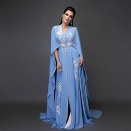 2021 Blue Plus Size Arabic Aso Ebi Sexy Chiffon Caftan Prom Dresses Embroidery Crystals Evening Formal Party Second Reception Gown2626