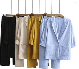 Women's Two Piece Pants Ladies Cotton Linen 2 Suit Jacket Summer Loose Fashion Casual Top Set