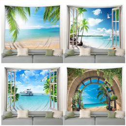 Summer Ocean Landscape Tapestry Beach Palm Trees Birds Natural Scenery Tapestries Modern Living Room Decor Wall Hanging Mat 240117