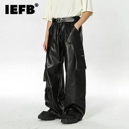 IEFB Street Wear PU Leather Pants Men Loose Multi-Pocket Functional Style Straight Trousers Elastic Waist Autumn Fashion 9C2687 240116