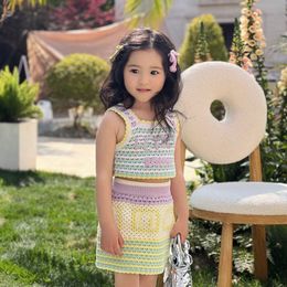 Girls Summer Childrens Hollow Knitted Two Piece Set kids Clothing girls Baby Suspender vest knitted small skirt designer clothes CSD2401176-8