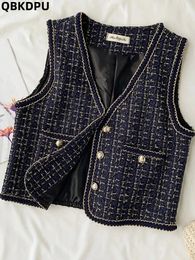 Korean Tweed Vest Cropped Jackets Women Big Size Sleeveless Jaquetas Elegant Gilet Coats Casual Weste Ceketler Plaid Vests Top 240116