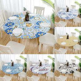 Table Cloth Print Round Tablecloth Pvc Waterproof Oil-proof Elastic Edged Fitted Wedding Party Home Protection Cover Decor