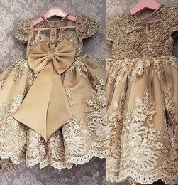 2021 Gold Champagne Flower Girls Dresses Jewel Neck Cap Sleeves Princess Lace Appliques Crystal Pearls Floor Length Bow Kids Girl 8750411