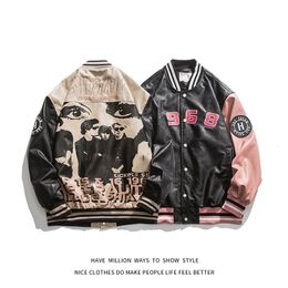 Streetwear Letter Embroid Motorcycle PU Leather Jacket Men's Baseball Bomber Coat Unisex Women's Oversize Varsity Vintage Chic 240116