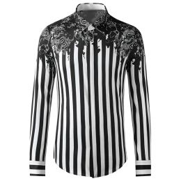 Retro Striped Print Slim Long-sleeved Men's Business Casual Shirt Social Party Formal Dress Shirts Men Clothing 4XL
