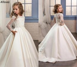 Ivory Satin A Line Flower Girl Dresses For Wedding Appliqued Lace Long Sleeves Jewel Neck Kids Todder Formal Party Birthday Gowns 4804820