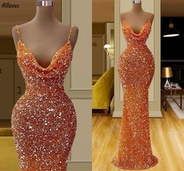 Sparkly Orange Sequined Evening Dressees For Women Sexy Spaghetti Straps Special Occasion Party Gowns Long Mermaid Vestidos Second Reeption Prom Dress CL3207