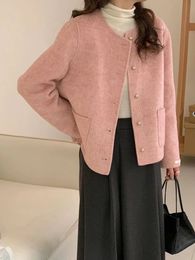 Zoki Fashion Pink Tweed Jacket Women French Elegant Long Sleeve Tops Fall Winter Sweet O Neck Office Lady Single Breasted Coat 240116