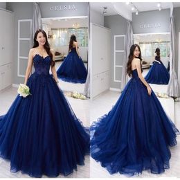 2019 New Strapless Ball Gown Prom Quinceanera Dress Vintage Navy Blue Lace Applique Ball Gown Formal Sweet 15 Party Dresses239A