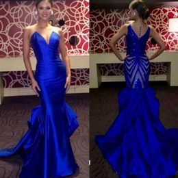 Elegant Royal Blue Evening Dress Long 2022 Sleeveless Satin Mermaid Prom Dresses Back Sequined Miss USA Pageant Party Gowns301b