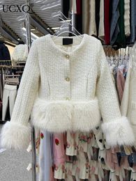 UCXQ White Tweed Jacket For Women Long Sleeve Faux Fur Spliced Plush Outwears Oneck Coat Autumn Winter Clothes 23A5037 240116