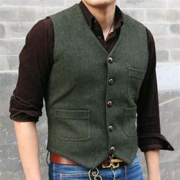 2023 Modest Dark Green Wedding Groom Vests Wool Herringbone Tweed Vests Groomsmen Vest Mens Suit Vest Prom Blazers Waistcoat Plus 284r