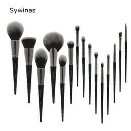 Sywinas Makeup Brush Set Kit 15pcs High Quality Black Natural Synthetic Hair Professional Makeup Brushes Tools 240116