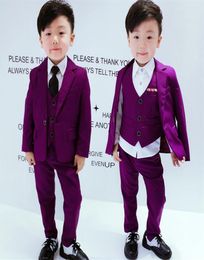 Solid Purple child Blazer suit quality Wedding Flower Boy Dress Baby Clothing Set 4parts tie jacket vest pant kid Formal suit260P5885598