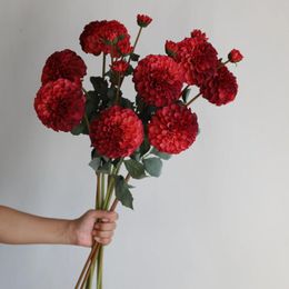 Decorative Flowers 31.6" Artificial Dahlia Blossom Branch In Red Burgundy Faux Flower Stem DIY Florals | Wedding/Home Decoration/Bouquet