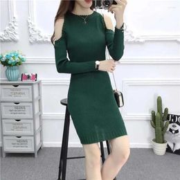 Women's Sweaters Sexy Off Shoulder Long Sleeve Knitted Dress Women Tight Pullover Hip Wrap Underlay Sweater Hollow Out Mid Length