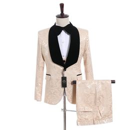 New Groomsmen Champagne Pattern Groom Tuxedos Shawl Black Lapel Men Suits Side Vent Wedding Prom Man Jacket Pants Vest Tie 306n