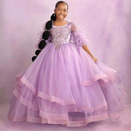 Lavender Flower Girl Dresses Long Sleeves Tiered Tulle Rehinestones Ball Gown Princess Flowergirl Gowns Little Kids Birthday Party Daughter and Mother Dress CF013