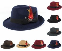 Fedora Jazz Hats Imitation Woolen Cloth Men Women Caps Gentleman Formal Warping Brim Bow Chicken Feather Trilby Hat2902580