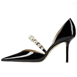 Dress Shoes Fashion Black Patent Leather Pearl French Pointed Toe High Heels Women's Stiletto