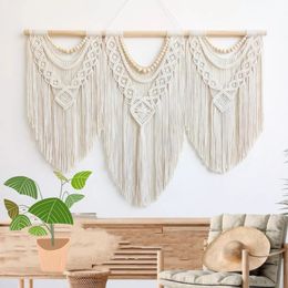 Macrame Handwoven Bohemian Cotton Rope Boho Tapestry Home Decor Creamy-White Wall Hanging Decoration Art Tapestry 240117