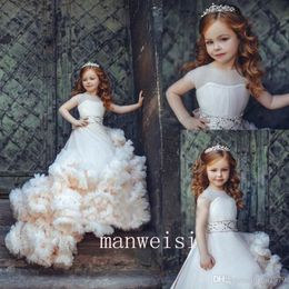 Cute Lovely Flower Girl Dresses for Wedding Blush Pink Princess Tutu Sequined Appliqued Lace Bow Vintage Child First Communion Dre209S