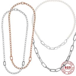 925 Sterling Silver Pearl Me Chain Link Necklace With Me Charm For Women Collars Silver S925 14k Rose Gold-plated Jewelry 240117