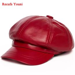 Winter Sheepskin Octagonal Hat For Women Genuine Leather Korean Trendy Painter Beret Caps Mujer Red Blue Streerwear Bone Femme 240116