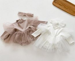 Spring Baby Girls Romper Dress White TUTU New Born Long Sleeve 1st Birthday Infant Toddler With Headband 2pcs Clothing 2268 V27860251