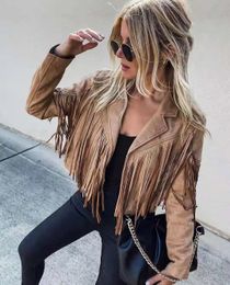 Women Y2k Fringed Hem Tassel Cardigan Crop Tops Egirl Motor Biker Jacket Suede Leather 90s Vintage Streetwear Coat Cool 240116