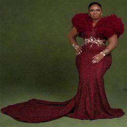 2021 Plus Size Arabic Aso Ebi Burgundy Sparkly Mermaid Prom Dresses Beaded Sequined Stylish Evening Formal Party Second Reception 188i