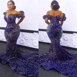 Sexy Off The Shoulder Mermaid Evening Dresses Glitter Sequined Long Court Train Plus Size African Formal Prom Gowns Trumpet Women 288L