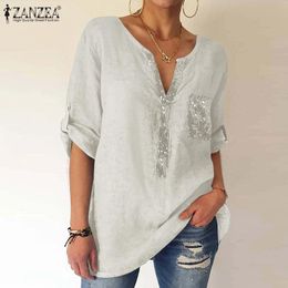 Shirts Zanzea 2022 Femme Pockets Baggy Sequins Bohemian Elegant Blusa Tops Women Full Sleeved Cotton Chemise Solid Shirts Vneck Blouse